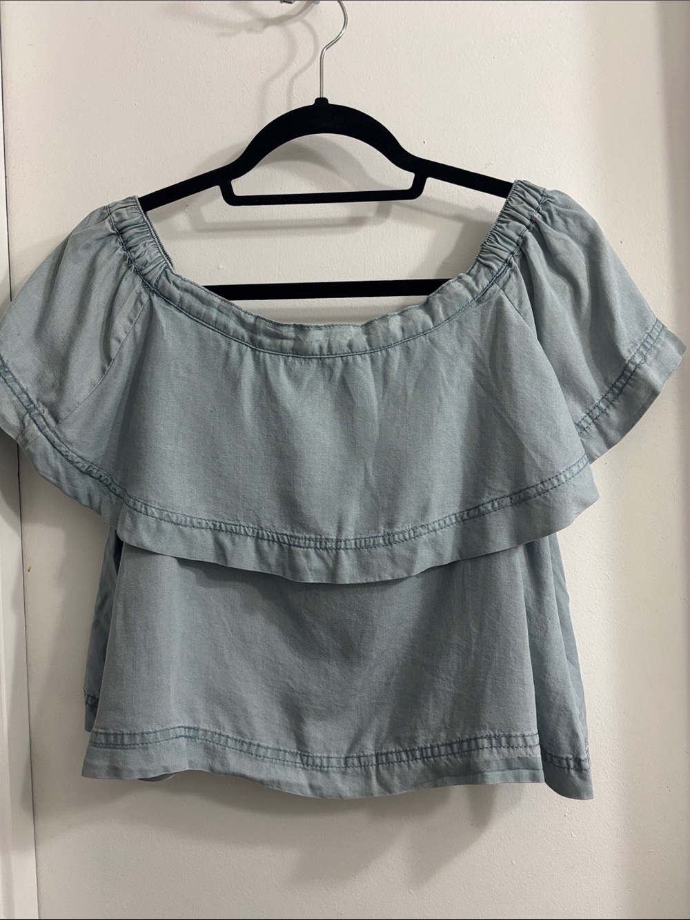 Free People Light Blue Off-the-Shoulder Ruffle Crop Top